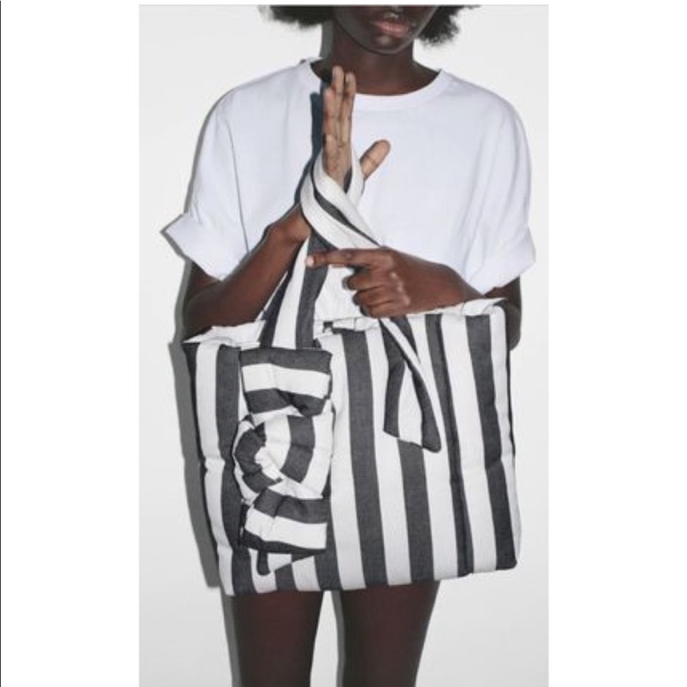 ZARA MAXI BOW STRIPED SHOPPER TOTE BAG